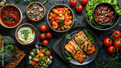 b'Various dishes with vegetables, fish, and sauces on a black stone table'