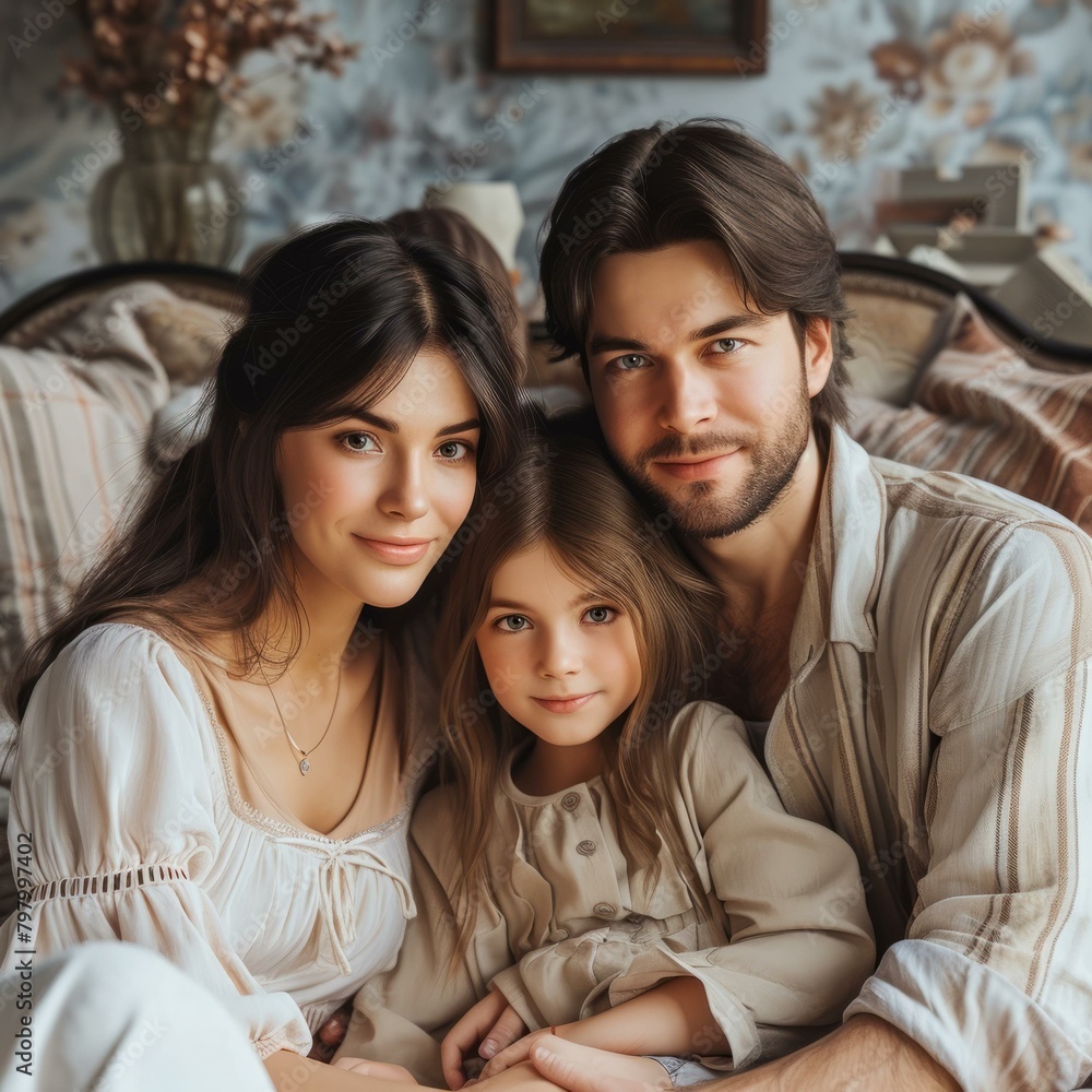 b'Portrait of a happy family sitting on a couch' b'Portrait of a happy family sitting on a couch'
