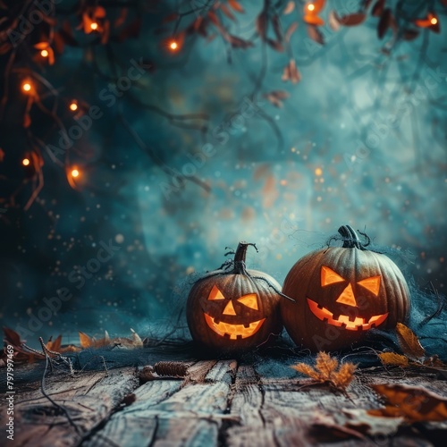 Two Halloween pumpkins with scary faces carved in them sit on a wooden table