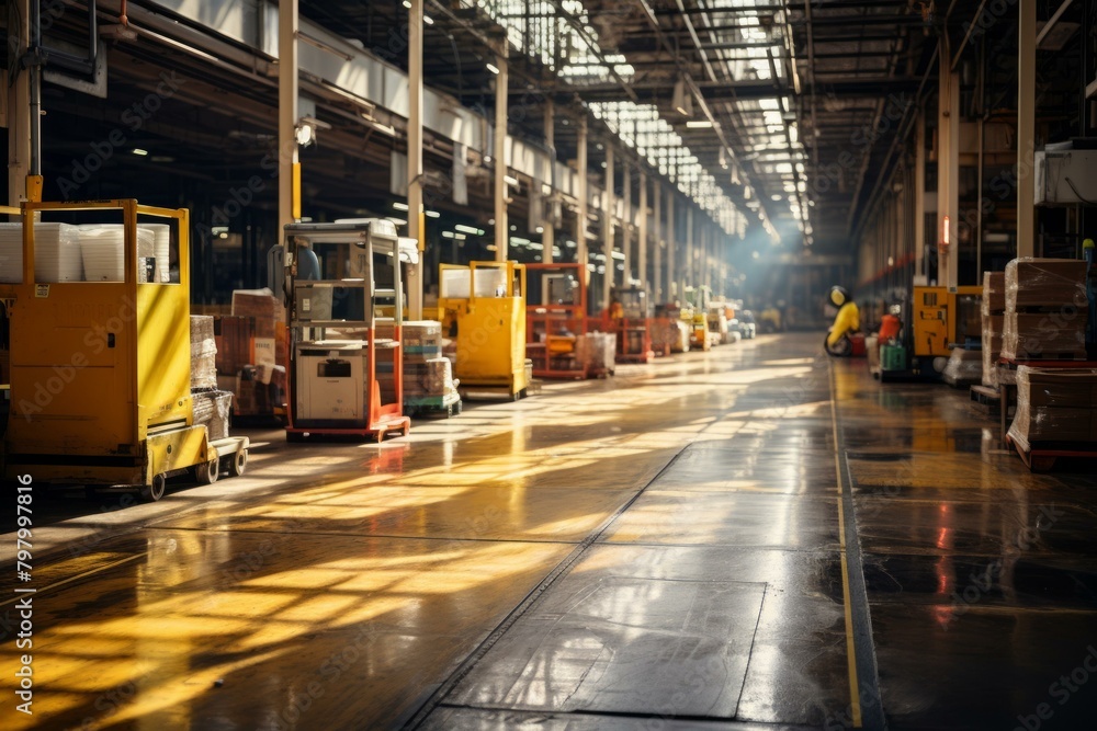 b'An empty factory building with yellow carts'