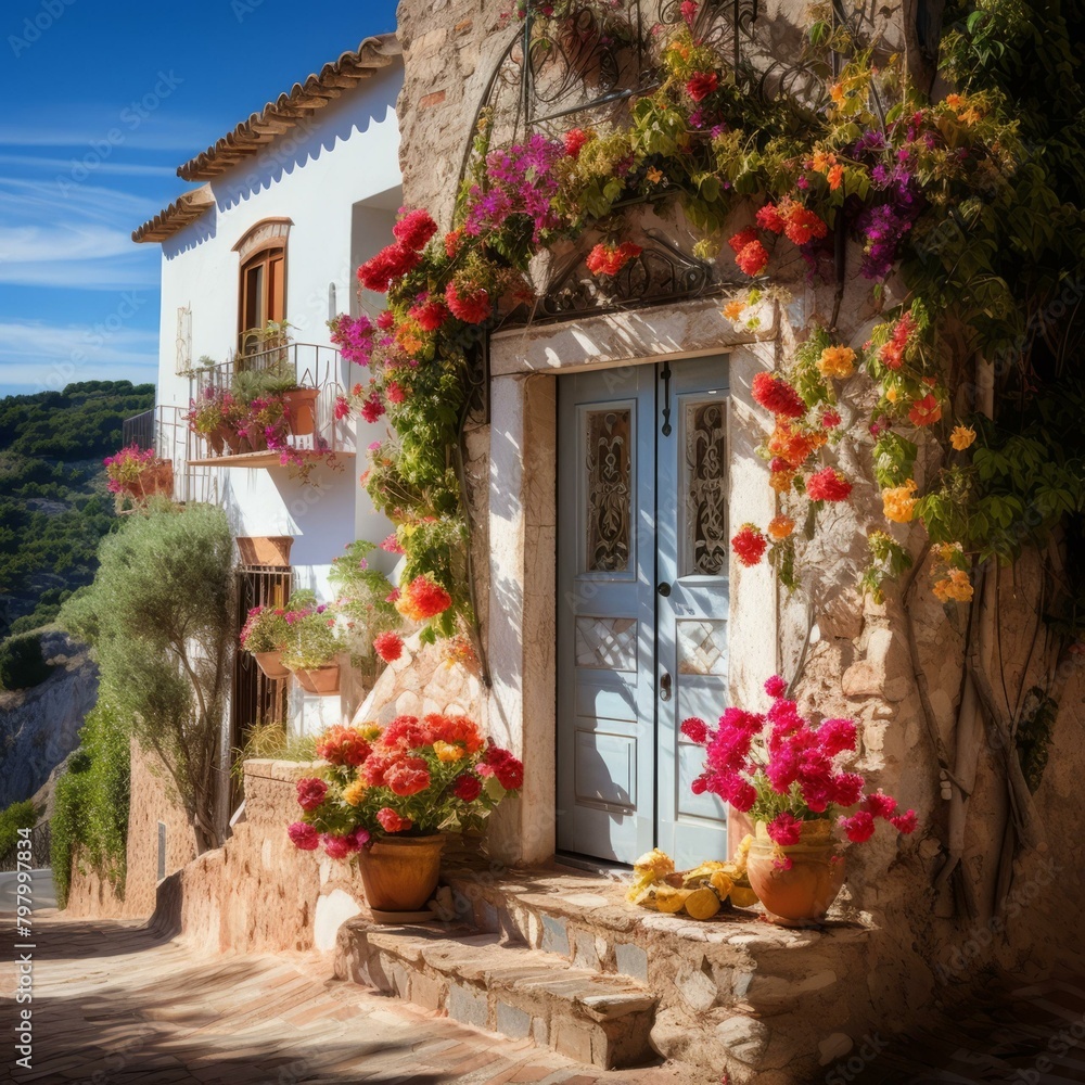 b'A beautiful house with a blue door and colorful flowers' b'A beautiful house with a blue door and colorful flowers'