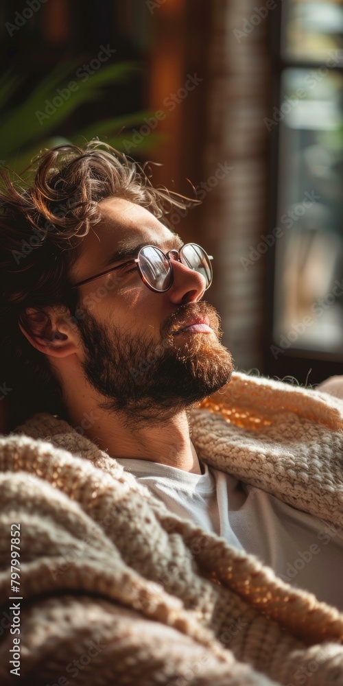 Bearded man wearing glasses and a white sweater