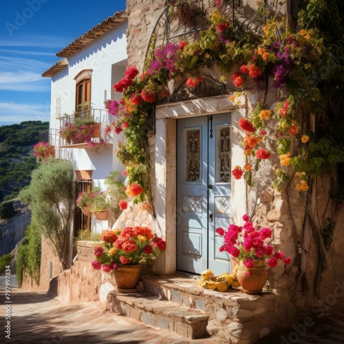 b'A beautiful house with a blue door and colorful flowers'