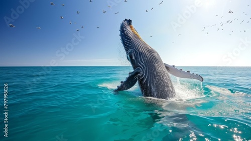 b'Humpback whale breaching the ocean surface with seabirds flying overhead' photo