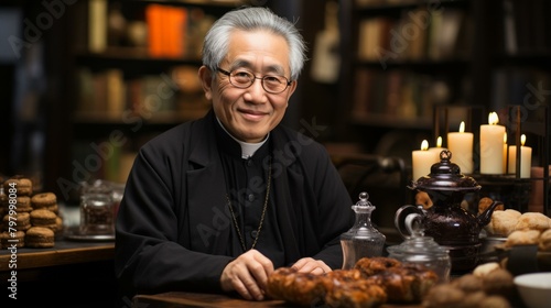 b'Portrait of a smiling Asian man wearing a clerical collar'