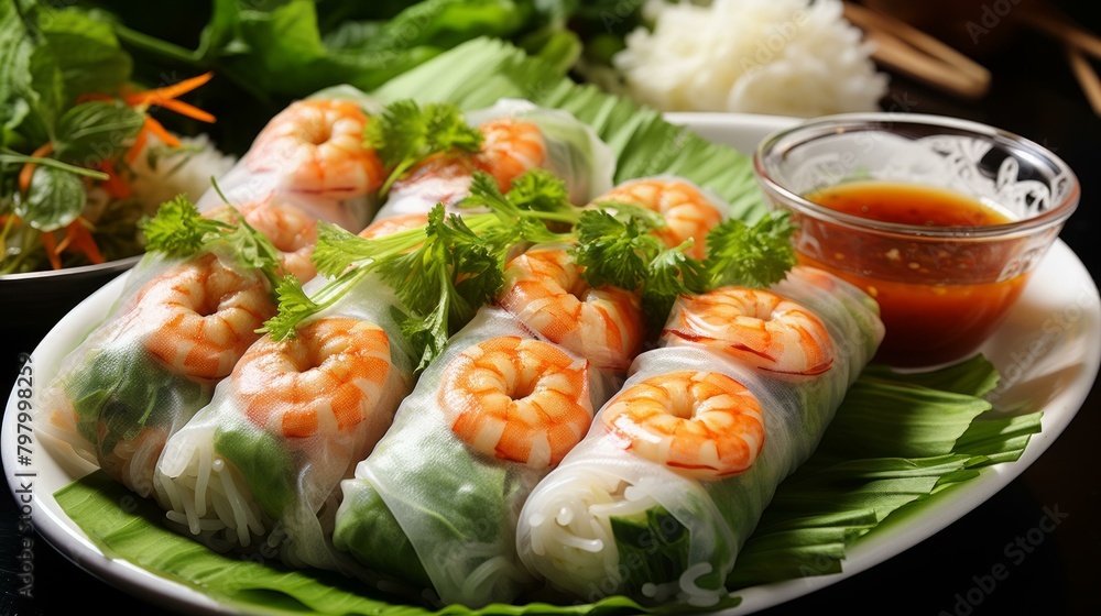 b'Fresh and healthy Vietnamese spring rolls with vegetables and shrimp' b'Fresh and healthy Vietnamese spring rolls with vegetables and shrimp'
