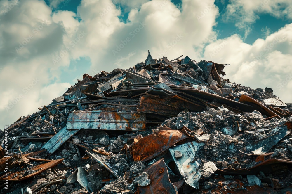 A pile of rubble with a blue sky background. Suitable for construction or renovation themes