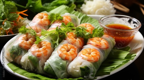b'Fresh and healthy Vietnamese spring rolls with vegetables and shrimp'