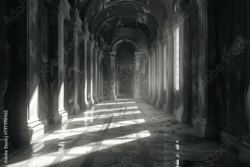 b ornate hallway with marble floor and columns 