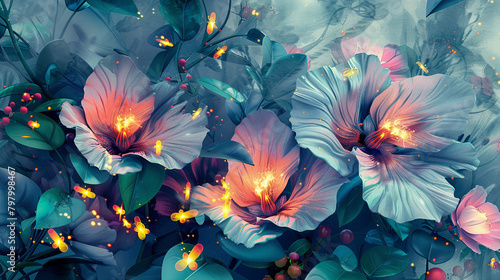 Bold abstract florals with captivating fireflies. Watercolor 3D illustration, texture. photo