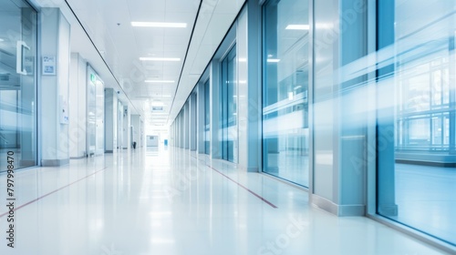 b'An empty hospital hallway with glass walls'