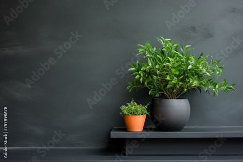 b'Two potted plants on a shelf against a dark grey background'