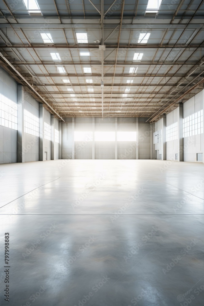 b'An empty warehouse with a concrete floor and large windows'