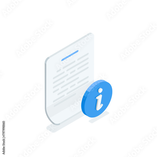 isometric vector information icon and sheet of paper, in color on white background, business documentation for help or training