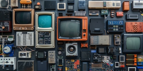 A collection of vintage electronic components including televisions, radios, and circuit boards.