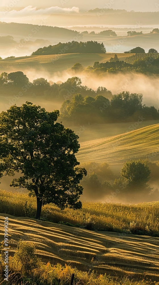 b'Misty morning landscape with a large tree in the foreground'