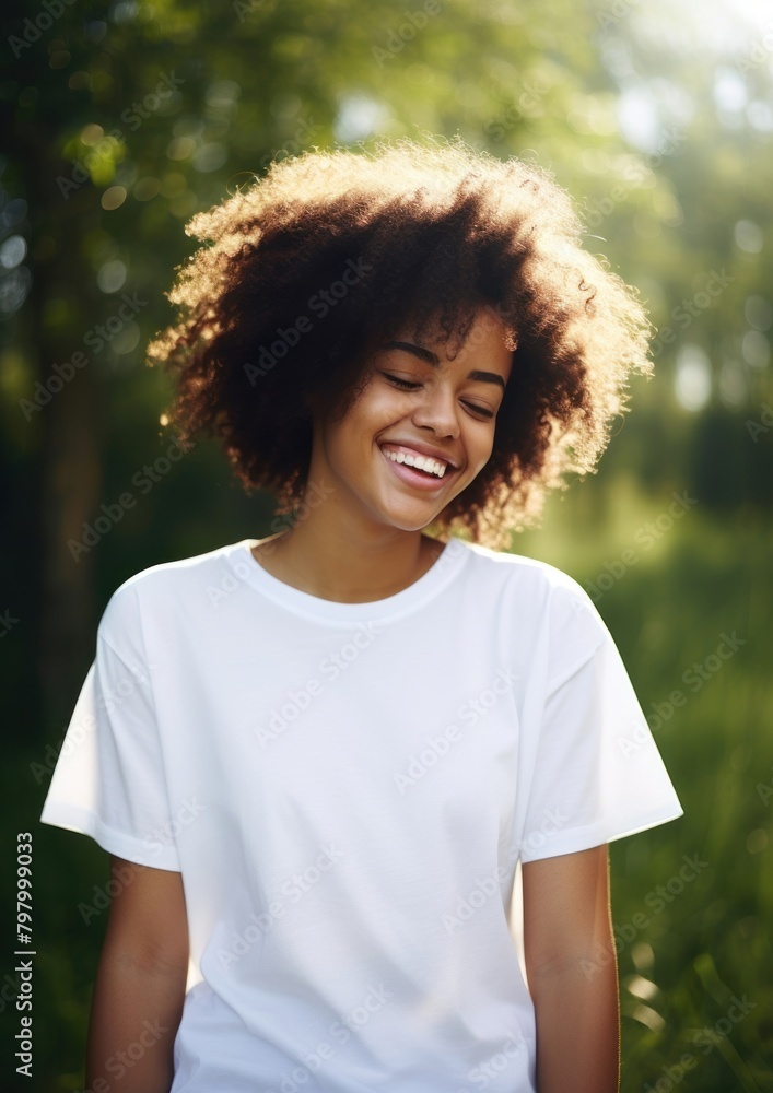 Black woman wearing white over size t-shhirt happy laughing clothing. Black woman wearing white over size t-shhirt happy laughing clothing.