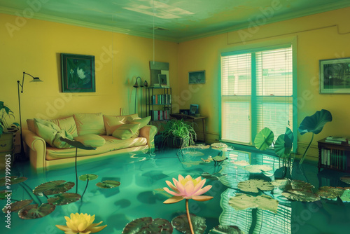 A flooded living room adorned with symbolic lotus flowers, representing resilience and renewal, with a pond.

