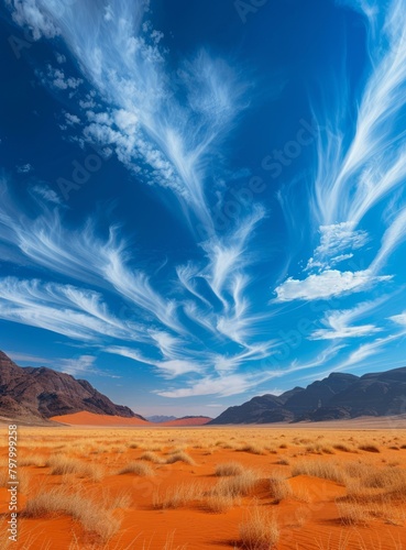 b'Arid Desert Landscape with Sparse Vegetation and a Wide Blue Sky'
