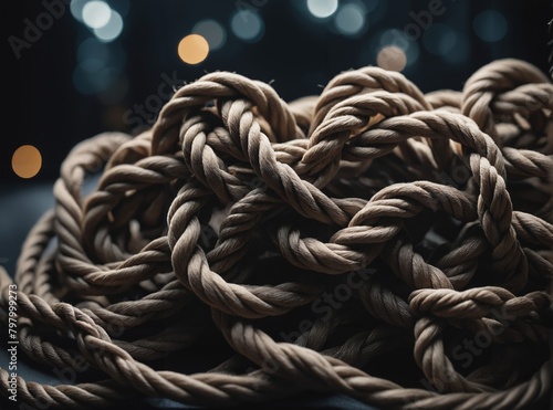 Depiction of tangled knots and twisted shapes, surrounded by a suffocating darkness, symbolizing the inner turmoil and psychological complexity of anxiety. photo