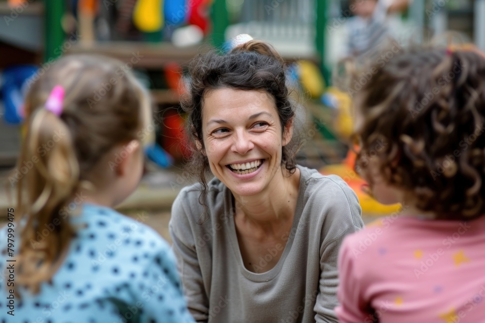 Middle age woman preschool teacher happy kid laughing. Middle age woman preschool teacher happy kid laughing.
