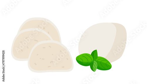 Mozzarella. Piece of cheese with green basil isolated on white background. Traditional Italian baby mozzarella cheese. Flat design style for menu cafe, restaurant, poster. Hand drawn mozzarella