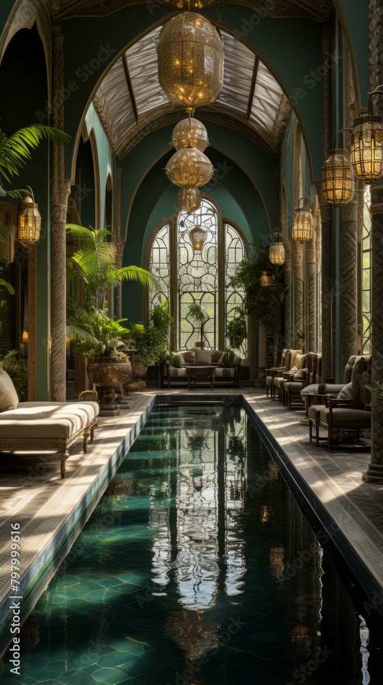 b'Indoor swimming pool with green water and arched ceiling'