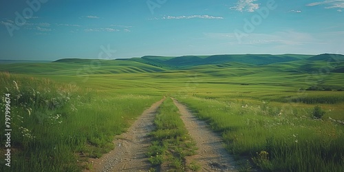 b'dirt road through a lush green grassy hill field'