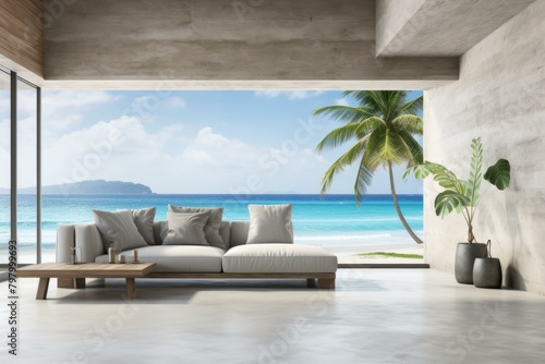 b Modern beach house interior with sofa and ocean view 