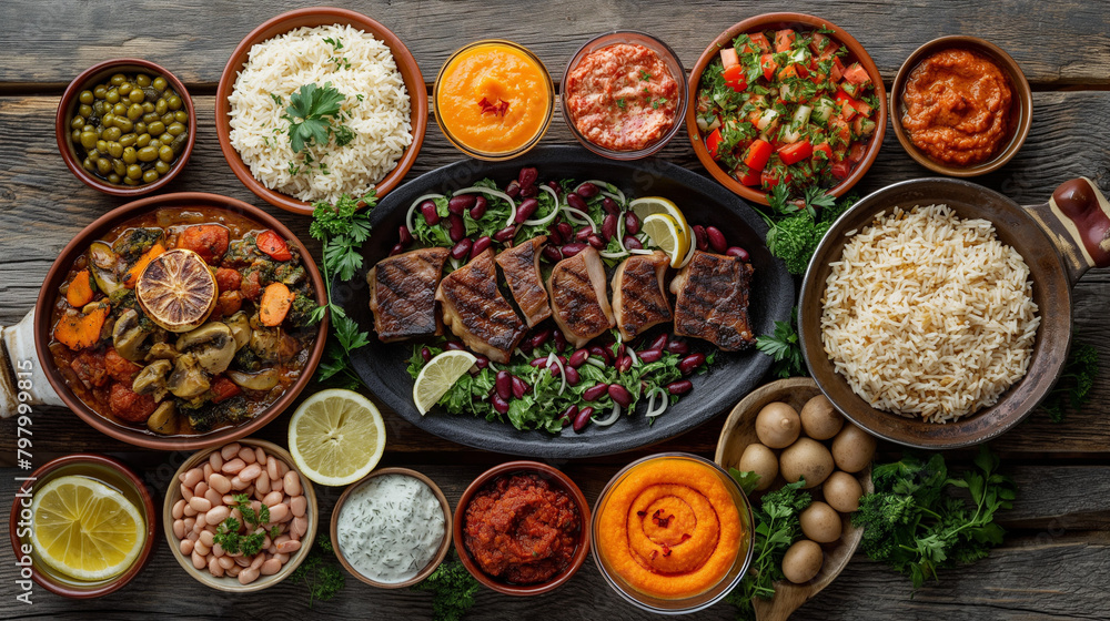 Flat-lay of family feasting with Turkish cuisine lamb chops, quince, bean, vegetable salad, babaganush, rice pilav, pumpkin dessert, lemonade over rustic table, top view. Middle East cuisine.