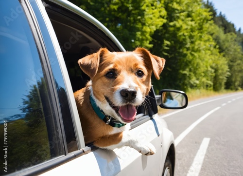 Head of happy lap dog looking out of car window. © Universeal
