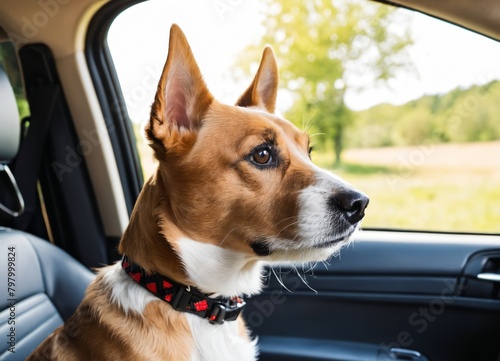 Head of happy lap dog looking out of car window. © Universeal