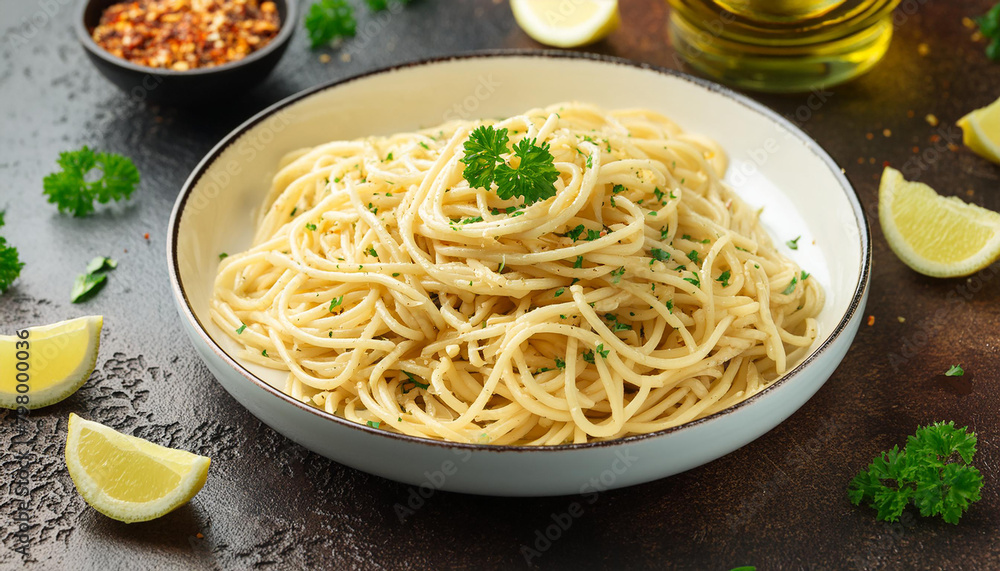 Close-up of spaghetti aglio e olio with sauteed garlic, chili flakes, parsley. Tasty Italian food. Close-up of spaghetti aglio e olio with sauteed garlic, chili flakes, parsley. Tasty Italian food.