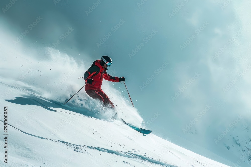 Skiing movment on mountain outdoors recreation clothing.