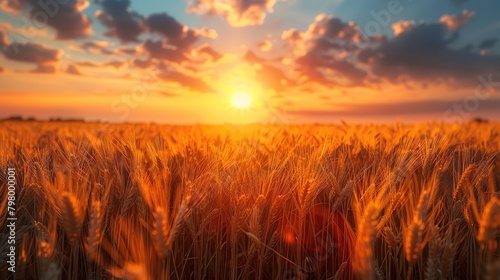 Close up view on wheat field with golden sunset light during sunny summer day