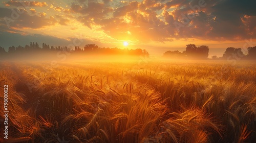 Close up view on wheat field with golden sunset light during sunny summer day