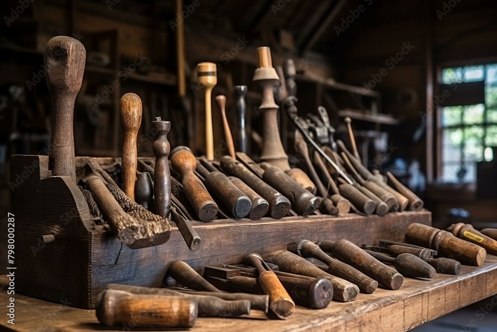 b'A collection of vintage woodworking tools displayed in a wooden toolbox.'