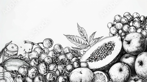 A detailed black and white drawing of assorted fruit. Perfect for culinary designs