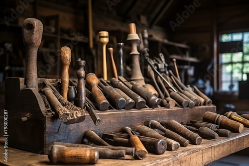 b'A collection of vintage woodworking tools displayed in a wooden toolbox.'