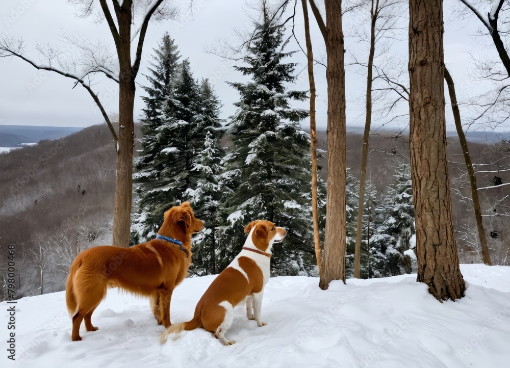 Two dogs perch on a snow-covered hill,