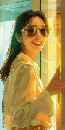 b'An illustration of a young woman smiling and opening a door.' photo