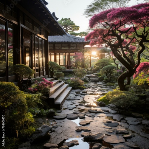 b'A beautiful Japanese garden with a traditional house, stone path, and cherry blossom tree'
