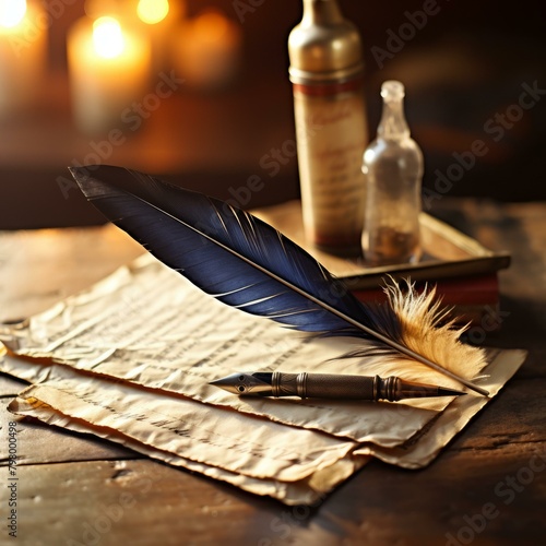 b'A blue feather quill rests on a stack of old papers with a golden bottle and two candles in the background'