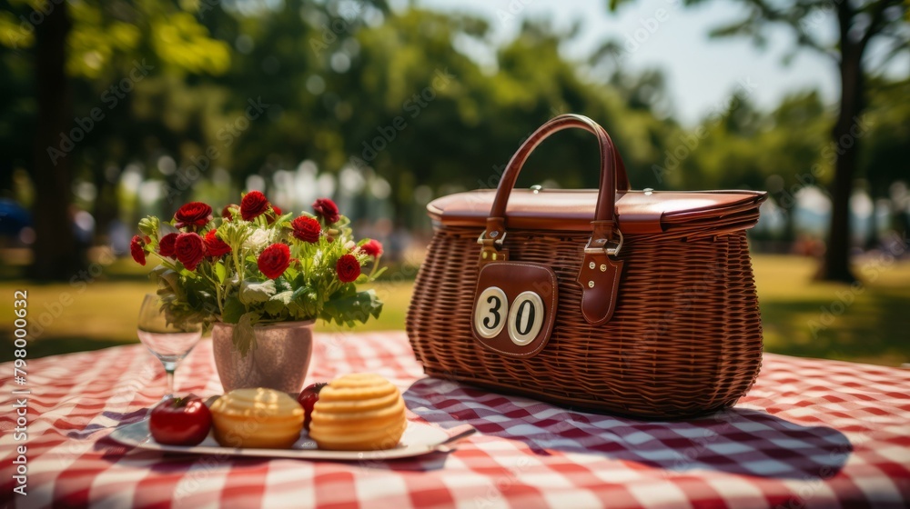 b'A picnic basket with a red and white checkered tablecloth on a table in a park'