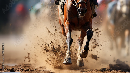 Dust under the horse's hooves. Legs of a galloping horse.