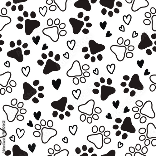 Seamless pattern with cute paws animals. Grooming. Veterinary. Pets. Seamless pattern for pet shop, prints, design. Repeating cartoon black dog or cat on white background. Repeated elements pet 