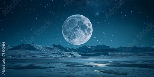 b Full moon rising over a snowy mountain landscape 