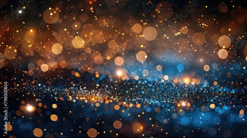 Background of abstract glitter lights. blue, gold and black. De focused