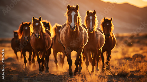 Horse herd run in sunlightwith dust at summer pasture