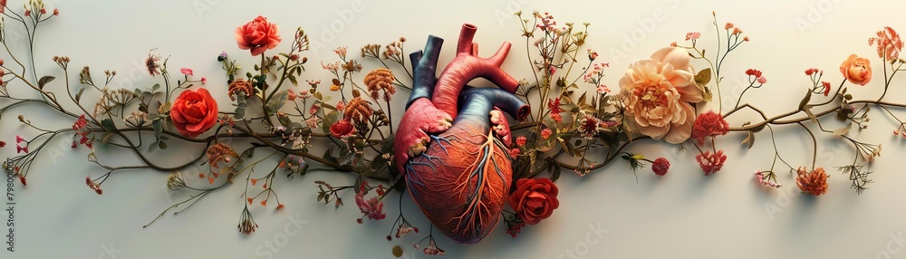 Naklejka premium Hybrid humanplant cardiovascular system illustrating a heart with vines and flowers as arteries